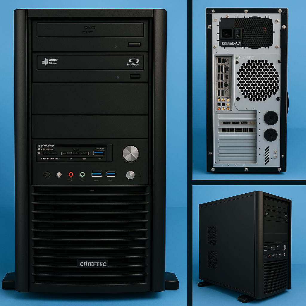 Collage von Pc, vorn, hinten, seitlich.